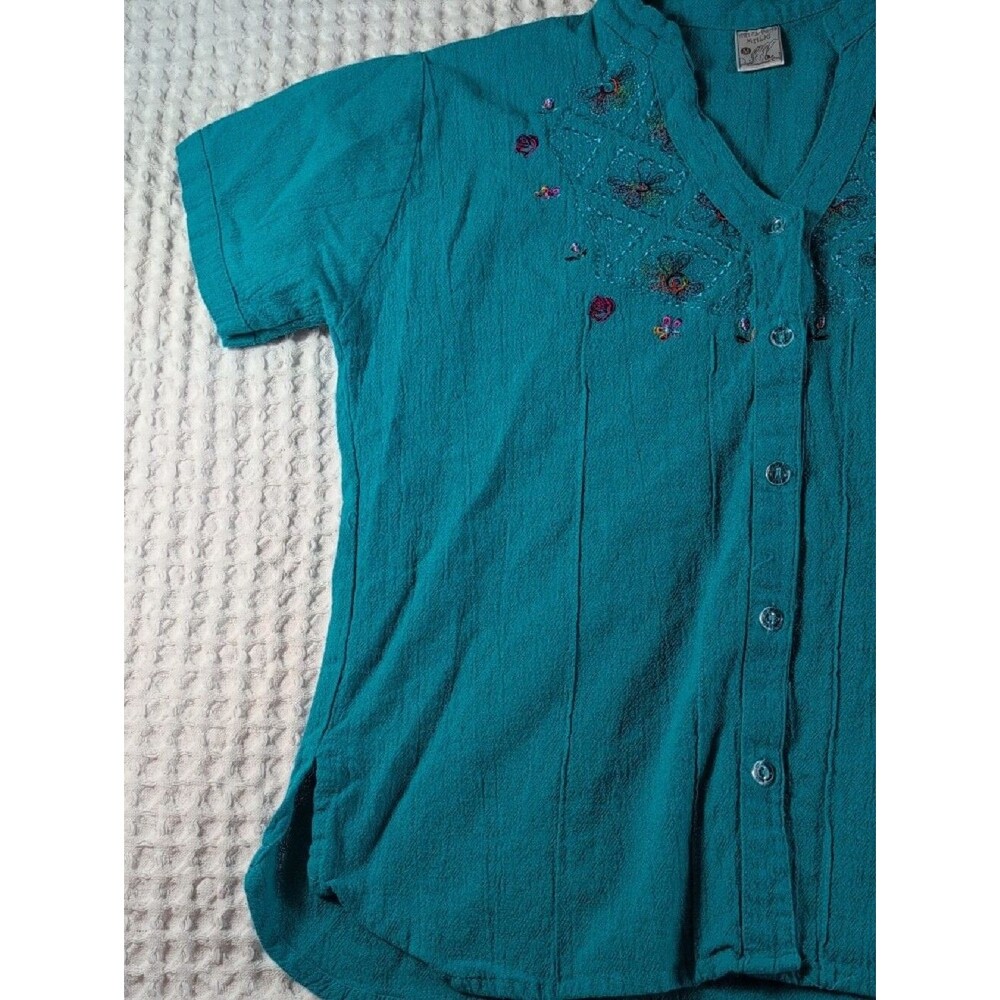 100% Cotton Embroidered V-Neck Button-Front Women's Shirt - Teal Size M - Picture 8 of 10